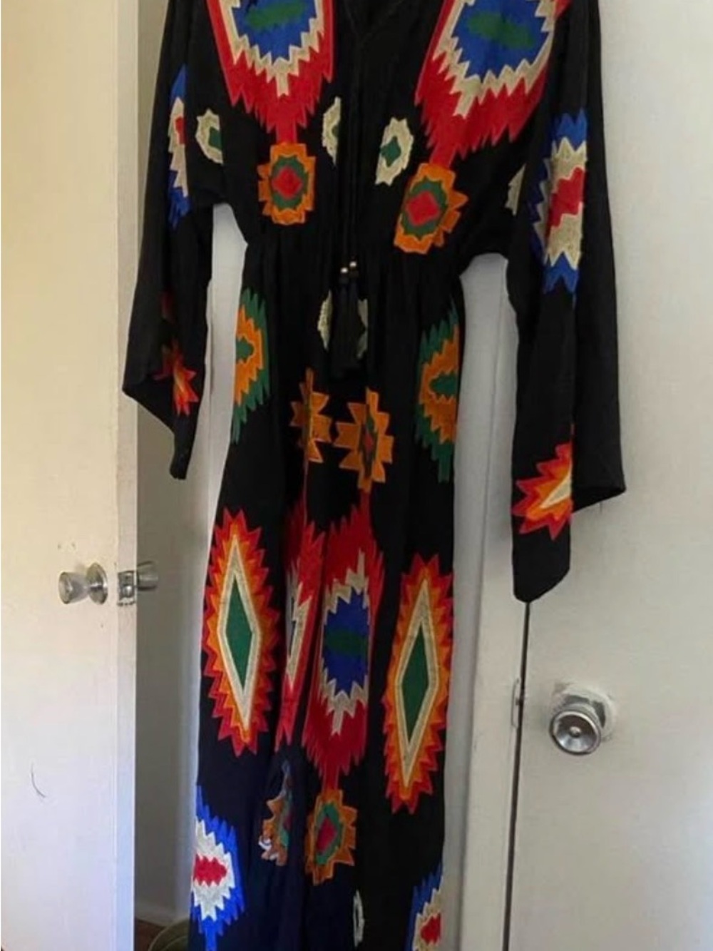 Bohemian Black Maxi Dress with Multicolor Geometric Print